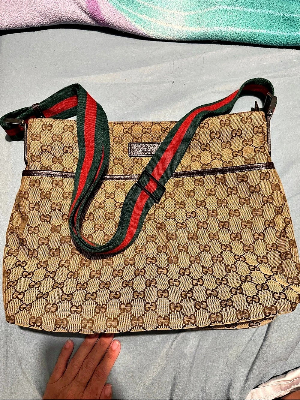 Authentic Gucci GG Canvas Sherry Line Web Shoulder Bag Brown & Green